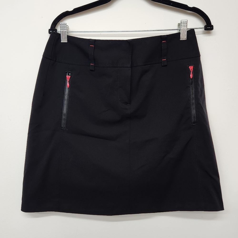 LOFT Nylon Mini Skirt Womens 8 Black Stretch Red Zippers Pockets Office Business